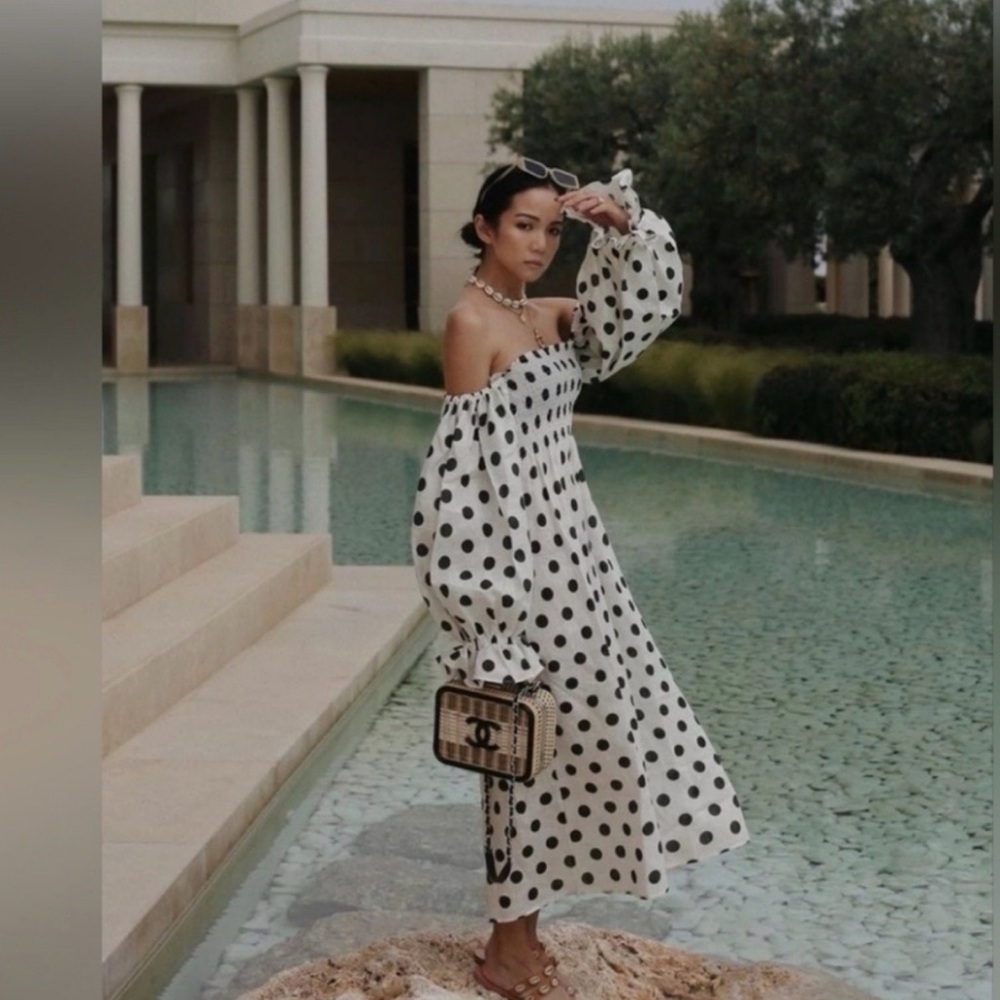 Sleeper Atlanta Dress- Polka Dot Off-Shoulder Balloon Sleeve - Black and White